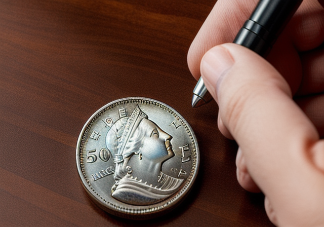 Collector examining a rare 50-cent coin with a magnifying glass
