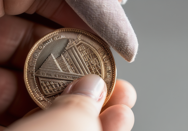 Coin collector examining a rare 25 cent coin