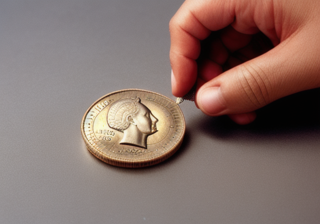Coin collector examining a 50 centavos coin from 1994