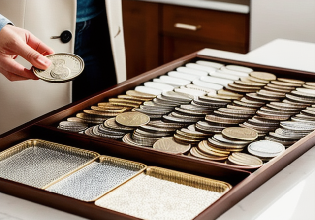 Person organizing coins on a tray