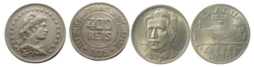Série de 400 réis que fechava a série e que circulou de 1918 a 1935, sendo substituída pela moeda de 400 réis de Osvaldo Cruz, tendo uma pequena diferença de peso e diâmetro de uma para outra.